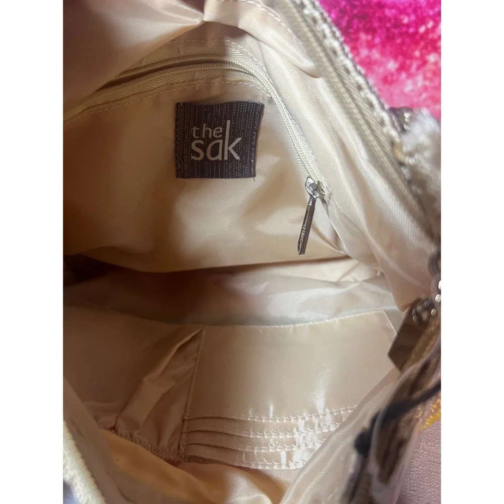 The Sak Metallic Pewter Leather Crossbody Bag Boho Charm Antiqued Brass Hardware